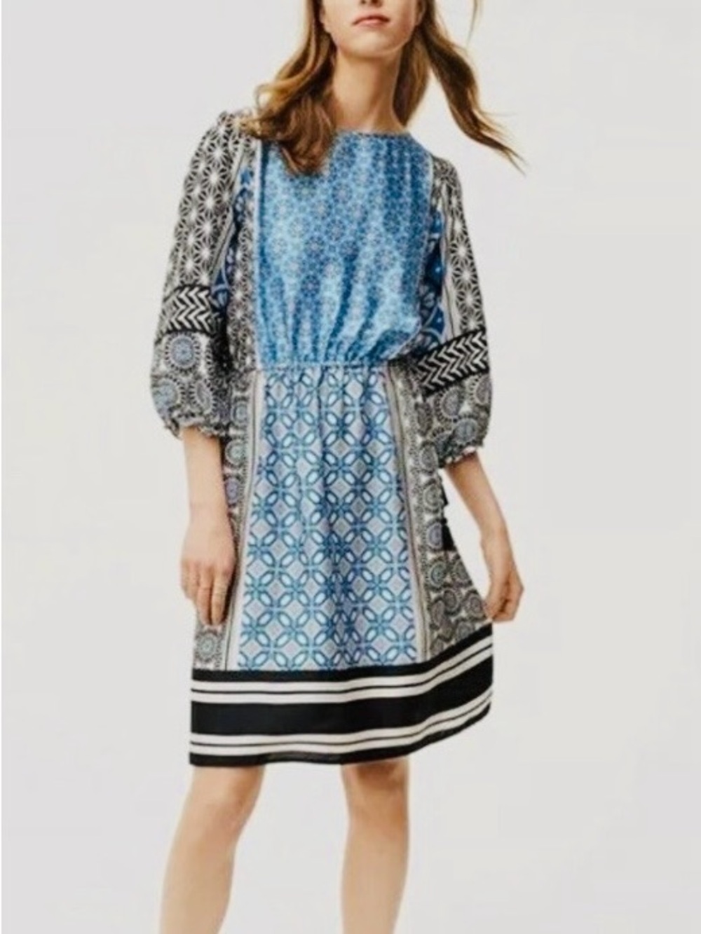 LOFT, Blue Mixed-Print Midi Dress with Puff Sleeves, MP